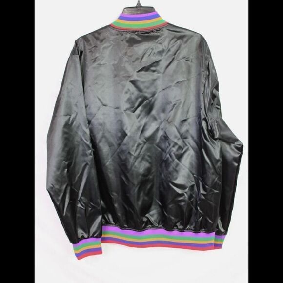 MITCHELL & NESS BOMBER JACKET BLACK WITH RAINBOW STRIPE TRIM AND CUFFS SIZE LARG - Picture 4 of 7